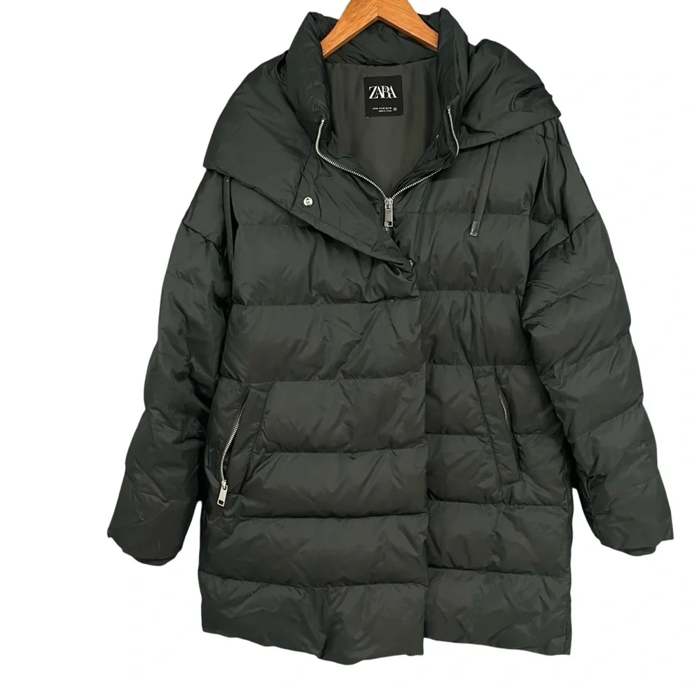 Zara Green Down Puffer Coat with Hood â Womenâs Medium - Picture 1 of 13